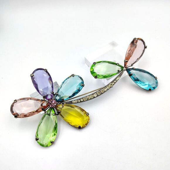 Giorgio Armani Multicolor Crystal Gunmetal Large Statement Flower Brooch Y2K - Picture 1 of 16